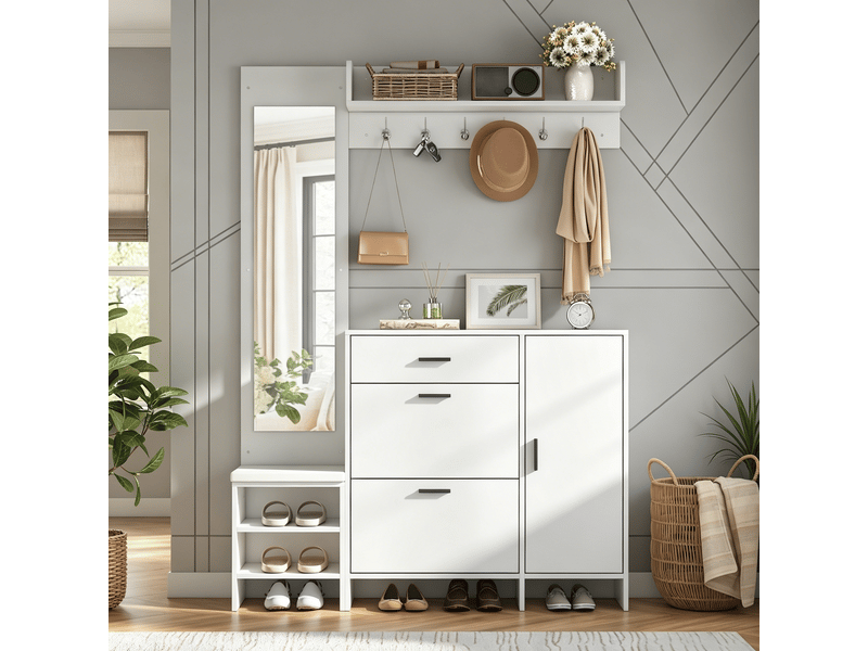  Vestiaire d'entrée avec meuble à chaussures, porte-manteau de couloir multifonctionnel avec miroir et banc de rangement, 140x30x200cm, blanc  - Conforama R