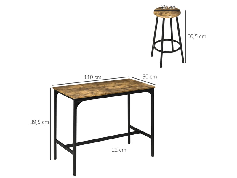  Ensemble bar industriel 5 pièces, table bar, 4 tabourets, coin salon, comptoir cuisine, noir et marron.  - Conforama E