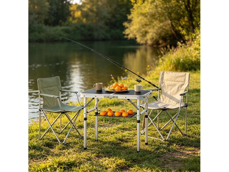 Table de jardin pliante avec filet de rangement amovible, hauteur réglable et poignée de transport pour balcon - Conforama E