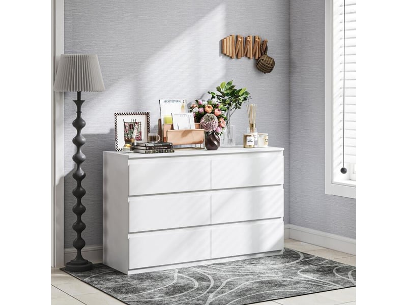  Commode 6 tiroirs meuble de rangement sans poignées design minimaliste 120 x 39 x 75 cm blanc  - Conforama B