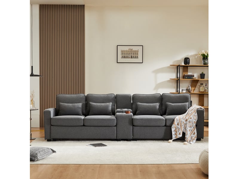  Canapé 4 places modenvie avec console, 2 porte-gobelets et 2 ports usb, gris foncé, 290 x 83 x 88 cm  - Conforama D