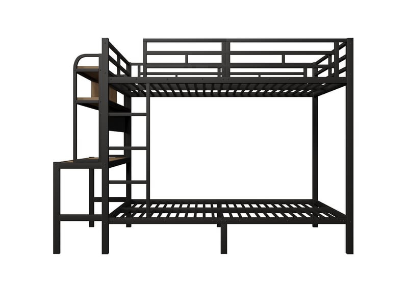  Lit superposé 140x200cm,  avec étagère de rangement, bureau, bande led, port usb, barrière de sécurité, échelle, noir  - Conforama A