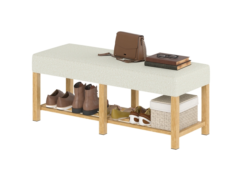  Banc à chaussures, banc de rangement avec siège rembourré, étagère ouverte, bois d'hévéa, 120x44x48cm, bois naturel  - Conforama B