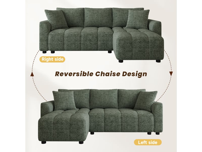  Canapé d'angle modulable 3 places 204x127x82,5 cm, avec coussins décoratifs, pour salon et appartement, tissu chenille, vert evarich - Conforama E