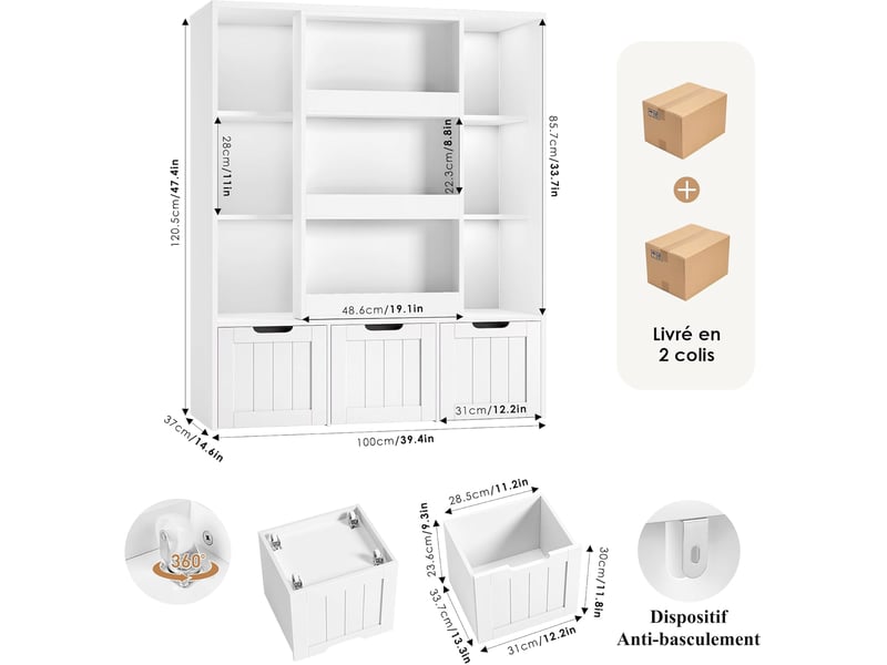  Bibliothèque enfant avec porte coulissante, 120,5x37x100cm blanc  - Conforama C