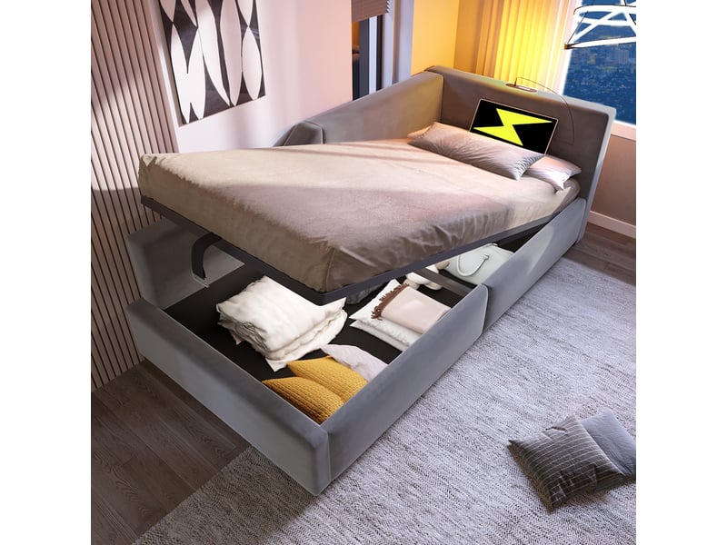  Lit de jour velours gris 90x190 cm lit coffre avec rangement, lampe de lecture et port usb-c  - Conforama W