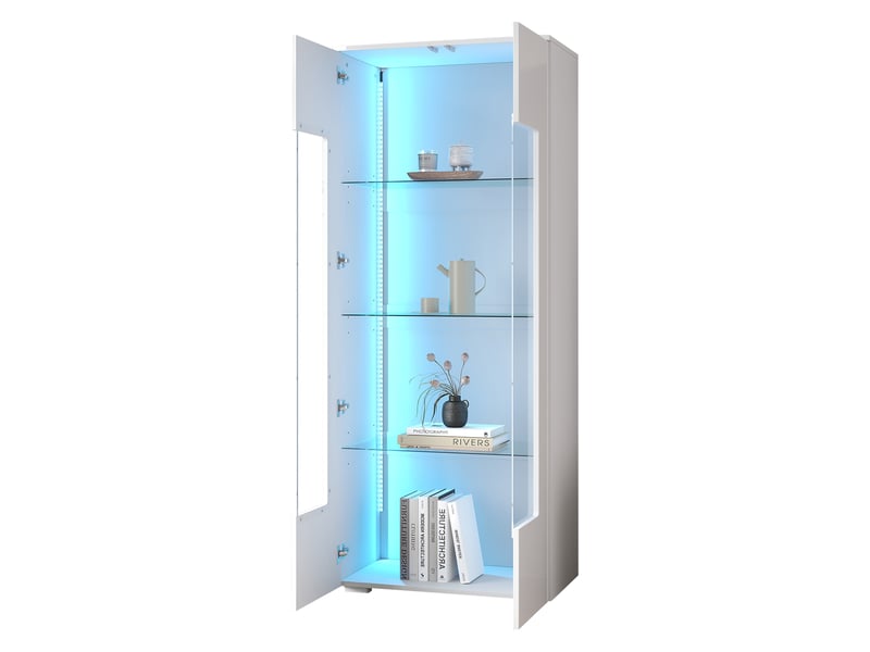 Vitrine de rangement, avec éclairage led, 70 x 40 x 173 cm, en verre trempé et mdf, coloris blanc, pour salon, pour maison et appartement  - Conforama C