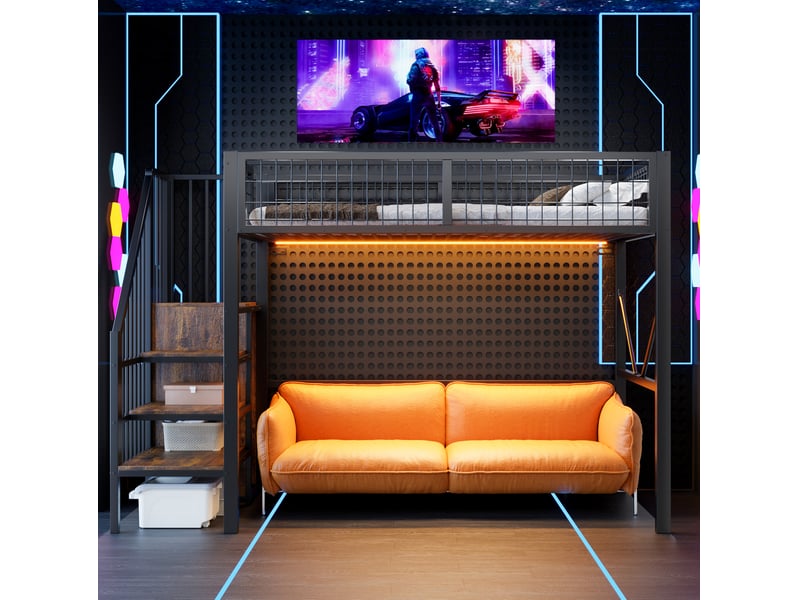  Lit mezzanine 90x200 cm avec échelle de rangement, éclairage led et barrière de sécurité, en métal, noir, sans matelas  - Conforama E