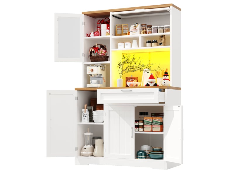  Armoire de cuisine avec éclairage led, meuble vitrine blanc et noir, vaisselier haut 180 cm, rangement mdf  - Conforama A