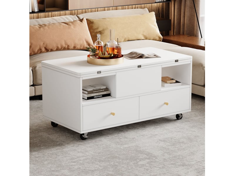  Table basse à hauteur réglable avec plateau pliant et 4 tiroirs blanche 100 x 50 x 47,5 cm  - Conforama B