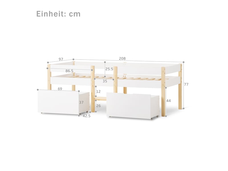 Lit enfant mi-hauteur 90x200 cm avec tiroirs, barrière et échelle, blanc et bois  - Conforama C