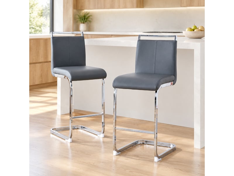 Tabourets de bar lot de 2 avec repose-pieds - lpospi - dossier et assise en pu, pieds en métal - gris foncé et argenté - Conforama C