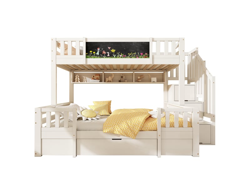  Lit superposé enfant 3 places 90x200 et 140x200 cm avec rangements, blanc  - Conforama A