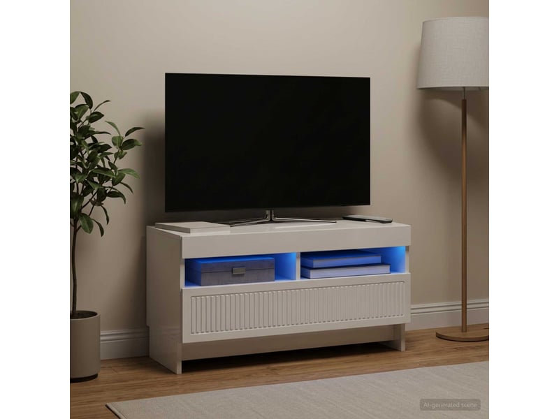 Meuble tv - banc tv - meuble de rangement led blanc brillant bois d'ingénierie - Conforama D