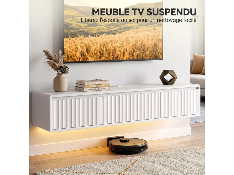  Meuble tv suspendu flottant 120 cm avec éclairage led et prises, blanc, meuble télé pour téléviseur 65 pouces  - Conforama A