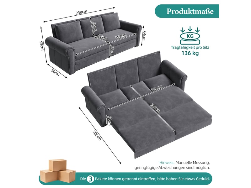  Canapé-lit 3 places 238x90x98 cm 3-en-1 avec coussin de dossier réglable, pour salon, en mousse et velours côtelé, gris  - Conforama C