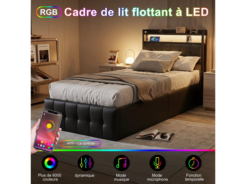 Lit coffre 90 x 200 cm ,lit simple rembourré,hydraulique,led,usb et de type c,tête de lit avec rangement,pu,noir - Conforama R