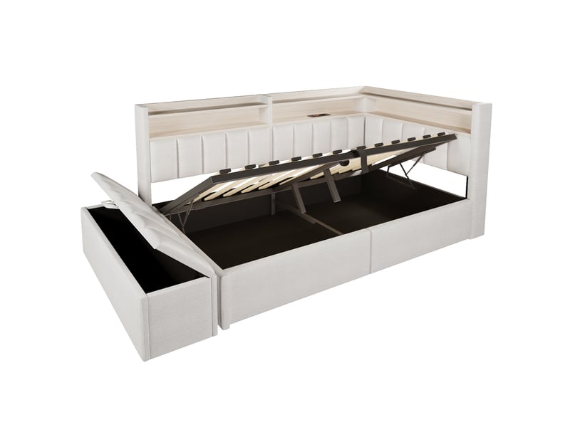 Canapé-lit coffre 90 x 200 cm - avec prise électrique - avec port usb + bande lumineuse led - beige (matelas non inclus) - Conforama A
