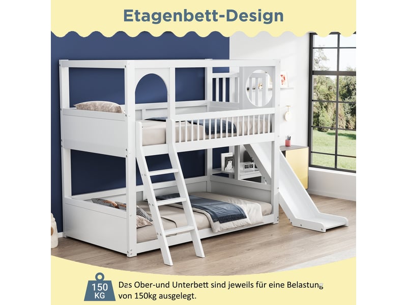  Lit superposé enfant 90x200 cm avec toboggan étagères multifonction pin blanc BUBBLY - Conforama D