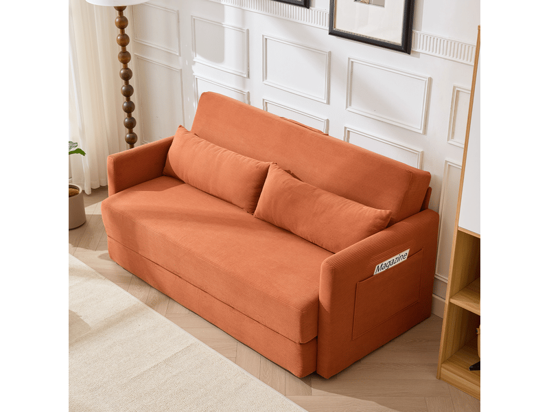 Canapé-lit au sol 2 places 165x92x82 cm, pliant, velours côtelé orange - Conforama C