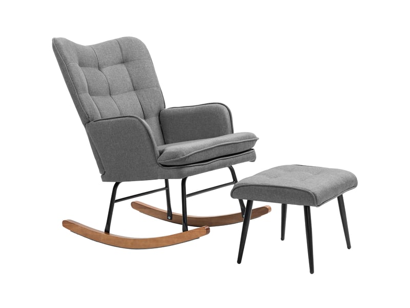  Fauteuil à bascule gris foncé avec repose-pieds, structure acier et bois  - Conforama A