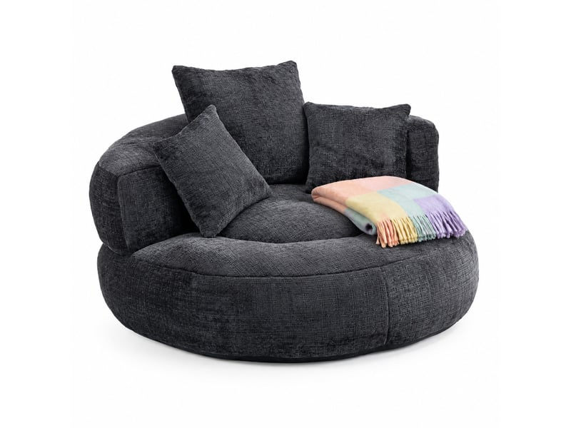  Fauteuil pouf en chenille, avec dossier haut, accoudoirs enveloppants et assise spacieuse, noir, 108 x 108 x 52 cm  - Conforama A