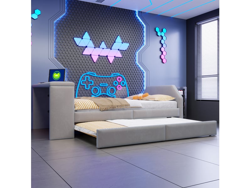  Lit gigogne enfant 90 x 200 cm avec bureau et prise usb gris evryae  - Conforama D