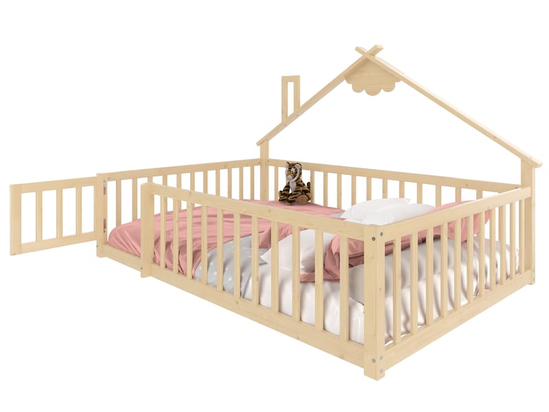  Lit cabane enfant ulevr 90x190 cm avec barrière de sécurité et serrure, structure maison, bois de pin et mdf, naturel  - Conforama A