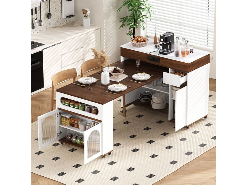  Table extensible table de salle à manger plateau en verre strié roulettes barres de prises tiroir meuble buffet blanc et couleur noyer  - Conforama B