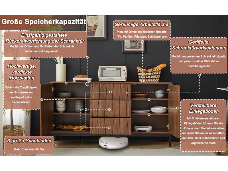  Buffet 2 portes et 3 tiroirs, étagères réglables, ouverture par pression, 150x40x80 cm, façades 3d ondulées, style mid-century, mdf, décor chêne foncé Morn Vibe - Conforama E