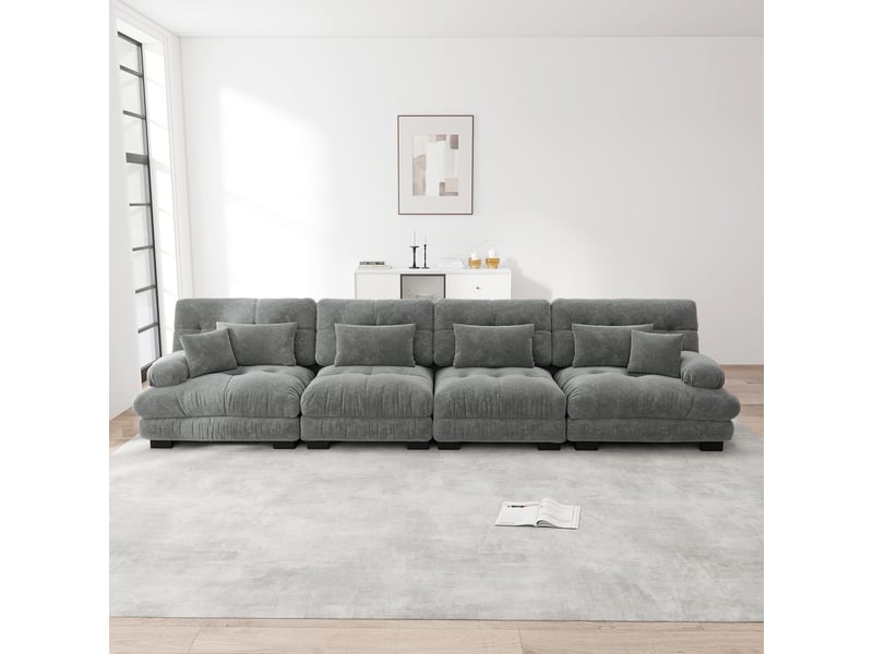  Canapé d'angle modulaire 4 places avec assise profonde et coussins confortables en chenille gris  - Conforama C