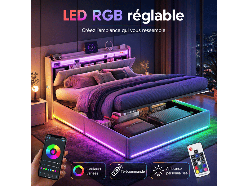 Lit coffre hydraulique 160x200cm avec led et usb tpye c, lit double rembourrée avec sommier, lit capitonné 2 personnes, rangement de chevet, tête de lit avec étagère ouvertes, poches latérales, cadre de lit, beige, gris, chambre… - Conforama C