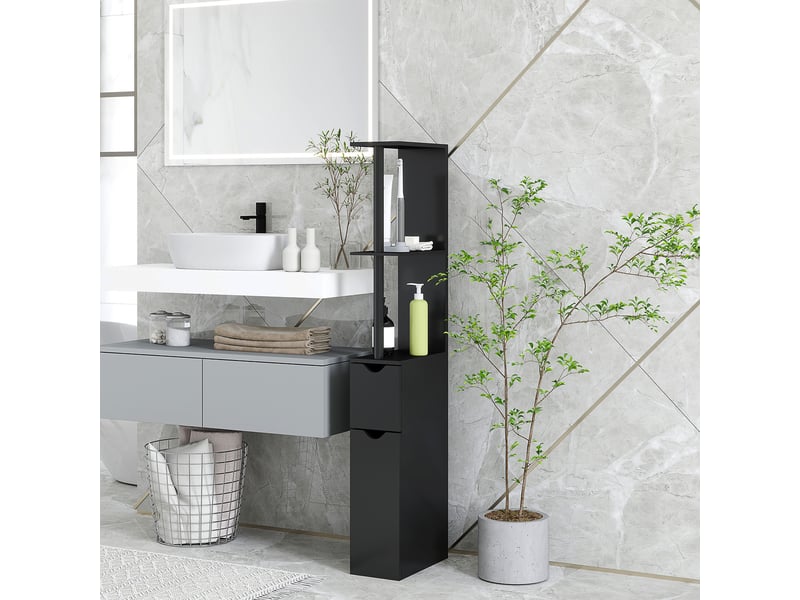  Meuble de salle de bain avec 2 étagères et 2 placards, armoire haute gain de place 15,2 x 29,8 x 118 cm, noir  - Conforama D