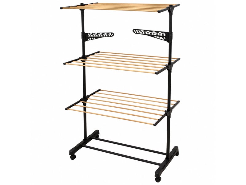 Étendoir à linge pliable modulable 3 niveaux effet bois avec 4 roulettes et support cintres-longueur 80 x profondeur 42 x hauteur 165 cm - Conforama A