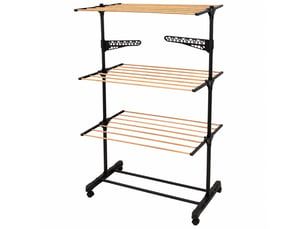 Étendoir à linge pliable modulable 3 niveaux effet bois avec 4 roulettes et support cintres-longueur 80 x profondeur 42 x hauteur 165 cm