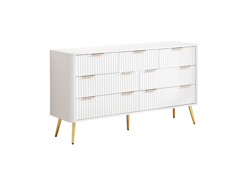  Commode à 7 tiroirs, 145 x 40 x 80 cm, glissières à fermeture douce, poignées métal et pieds hauts, blanc  - Conforama A