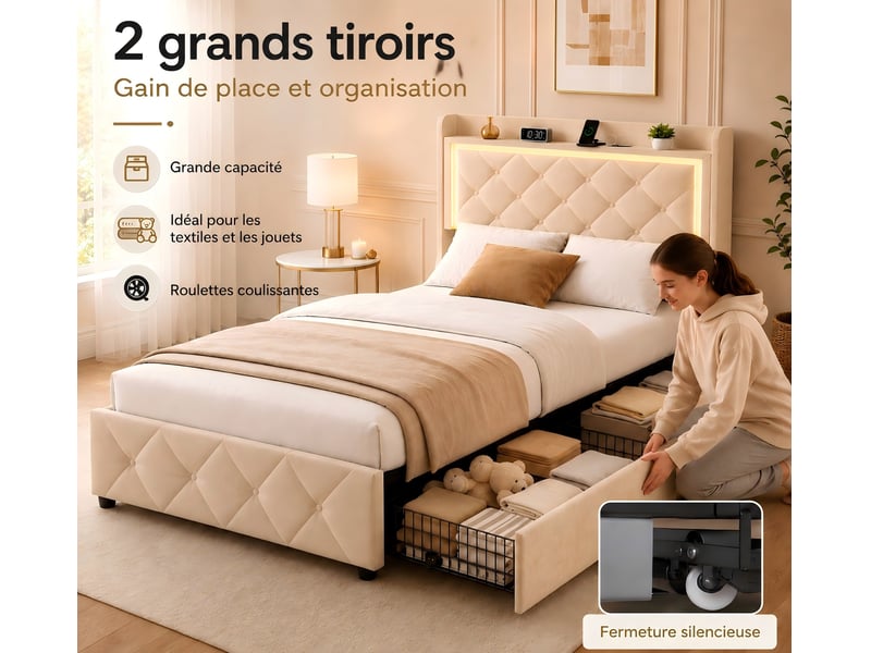  Kefsr lit simple 90x200 cm avec tiroirs de rangement, lit capitonné en velours beige avec tête de lit étagère, led rgb et ports usbtype-c  - Conforama E
