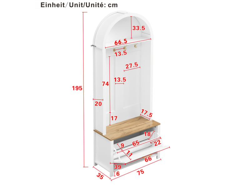 Meubles d'entrée avec porte-manteaux, étagère et rangement à chaussures, pour hall, mdf blanc et bois, 75 × 35 × 195 cm  - Conforama D