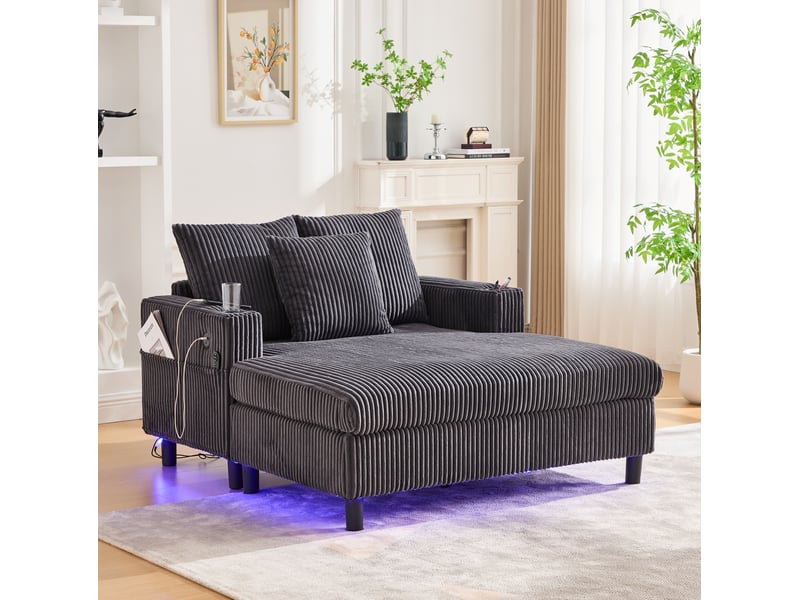  Fauteuil chaise longue modenvie 128 x 142 cm velours côtelé gris foncé led usb porte-gobelets  - Conforama D