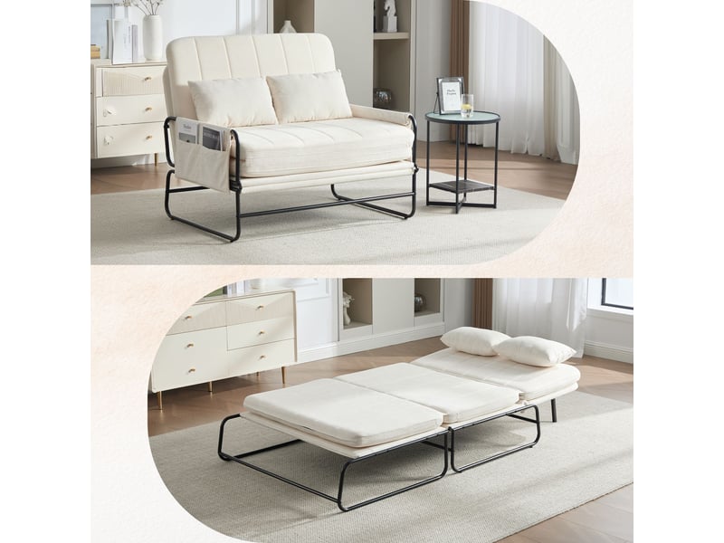 Canapé-lit 2 places 104 cm convertible, cadre en métal, tissu chenille, poches latérales, assise en mousse haute densité, beige - Conforama D