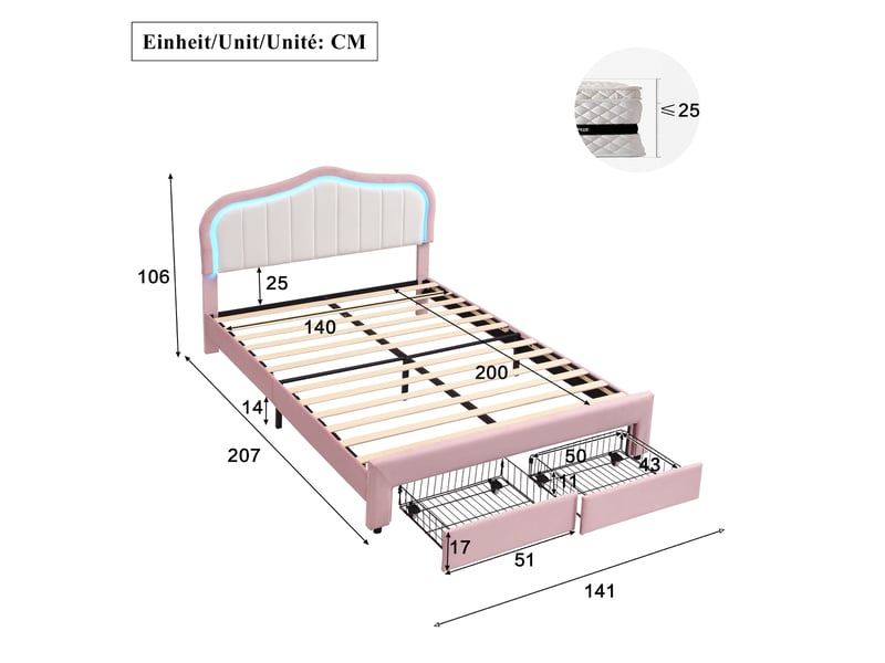 Lit rembourré 140 × 200 cm 2 places avec 2 tiroirs, led réglable par application, sans matelas, velours rose  - Conforama D