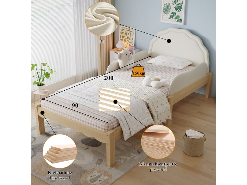  Lit enfant rembourré 90x200 cm avec tête de lit en pu, barrières latérales, sommier à lattes et cadre en bois, beige.  - Conforama E