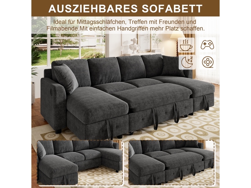 Canapé panoramique gris en chenille, 260 × 128 × 82 cm, avec couchage, pour salon et charge max. 150 kg - Conforama D