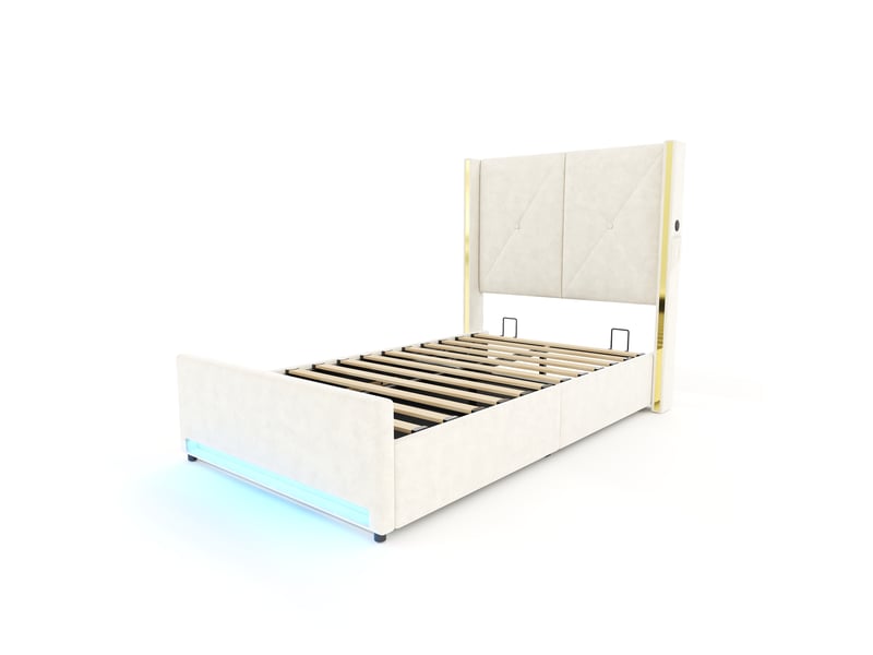  Lit velours 90x200cm tête haute matelassée, poches latérales, usb, led, rangement hydraulique  - Conforama E