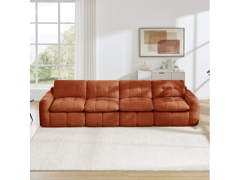  Canapé modulable 4 places modenvie en chenille orange, assise large et profonde, mousse haute densité 32d, 334 x 97 x 68 cm  - Conforama B