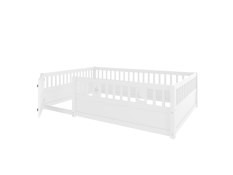  Lit enfant 140x190 cm blanc, barrières, étoiles et lune, style minimaliste, sans sommier ni matelas  - Conforama D