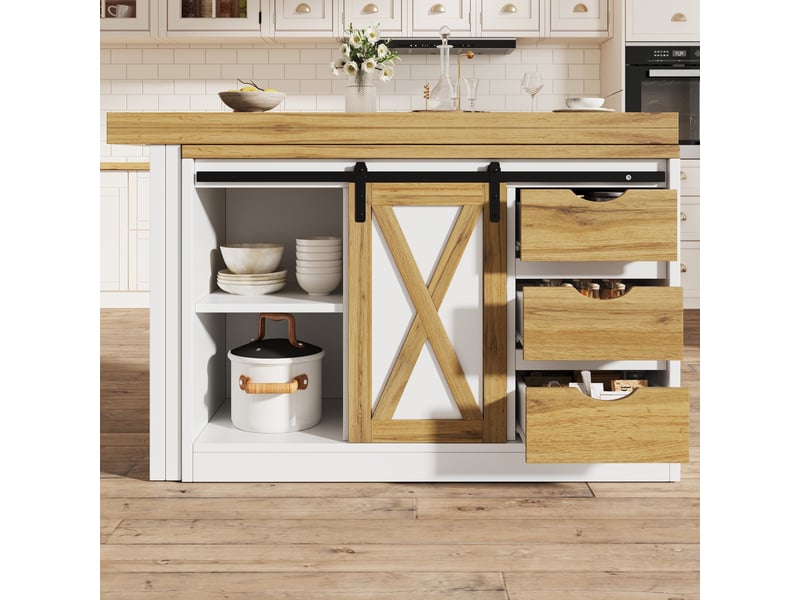 Îlot de cuisine extensible 120-197x40x72 cm avec 3 tiroirs blanc et effet chêne - Conforama B