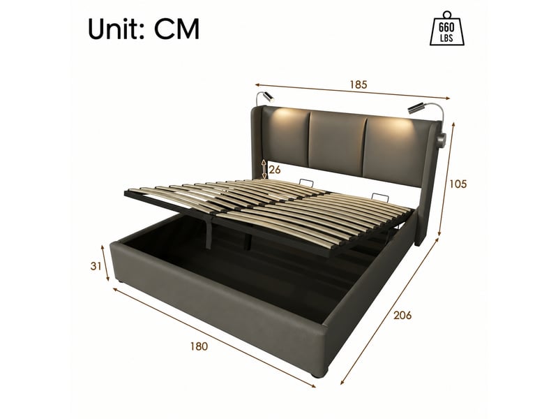  Lit coffre 180x200, sommier relevable, liseuses led et 2 ports usb, similicuir gris  - Conforama C
