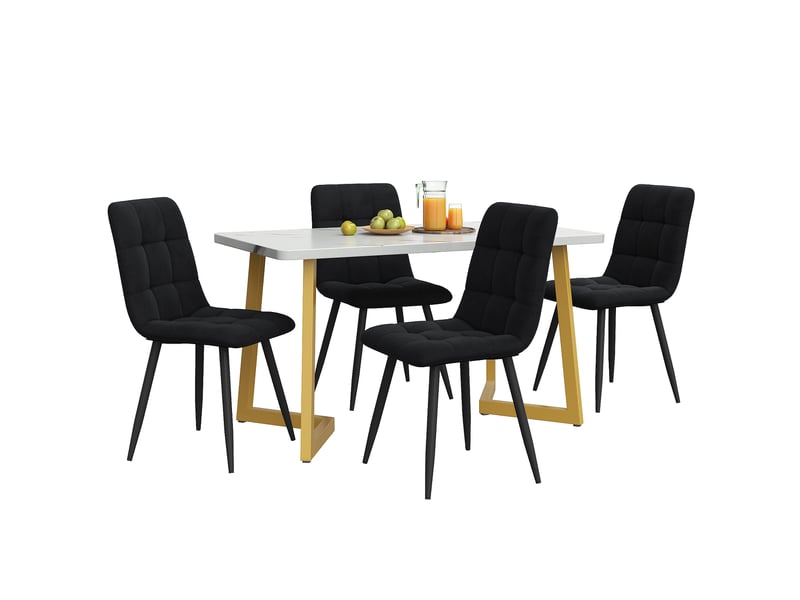  Ensemble table à manger avec 4 chaises, table à manger rectangulaire de 117 cm, effet marbre, velours noir et pieds dorés  - Conforama A