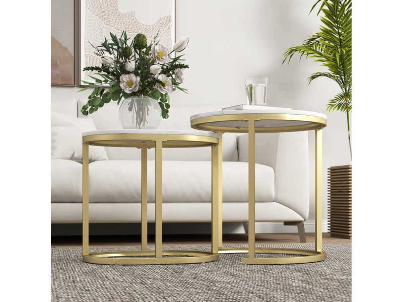  Tables basses gigognes 2 pièces empilables, ronde et ovale, avec pieds réglables, en mdf et acier blanc pour salon  - Conforama E